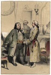 Komponisten Joseph Haydn modtog en mand, der kom for at bede ham om at komponere en menuet til hans datters bryllup. Plade taget fra "" Scenes de la vie des hommes famous""" gravering i to nuancer af Valerio. 1843.