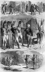 Sammensværgelsen af ​​Claude Francois de Malet (Claude-Francois Malet) (1754-1812) general fra Empire, forfatter til kuppet mod Napoleon i 1812, under det russiske tilbagetog. Indgravering i "Historien om paver-konger-dronninger og kejsere gennem århundred