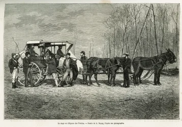 Kurset eller flid på præriernes hest, tegning af A.Dupuis, for at illustrere historien om en udflugt til Canada og den nordlige røde flod, i 1873, af H. de Lamotte. Indgravering i Le tour du monde
