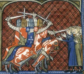 Korstoget mod albigenserne, c1325-c1350. Soldater på hesteryg med sværd angriber en gruppe albigensere. Pave Innocentius III prædikede en hellig krig mod de albigensiske kristne, da han frygtede spredningen af deres tro. I 1209 beordrede han