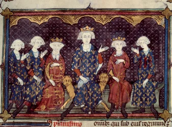 De forbandede konger: Filip IV den smukke (1268 - 1314) omgiver sin datter Isabella (dronning af England) og hans tre sønner Ludvig (Kong Ludvig X), Karl (Kong Karl IV), Filip (Kong Filip V) og hans bror Charles de Valois - Miniature fra La