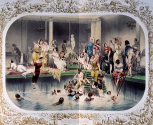 Kvindernes svømmedag i en parisisk svømmehal, ca. 1900 (tryk)