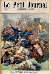 Tuaregernes nederlag. Franske kolonitropper under kommando af oberstløjtnant Joseph Joffre (1852-1931) - Touaregernes nederlag. Illustration til Le Petit Journal, 30. april 1894 (gravering)