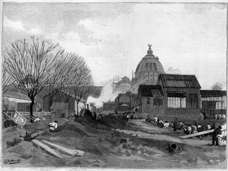 Jordflytningsstedet for installationen af den monumentale springvand i Paris til verdensudstillingen i 1889.
