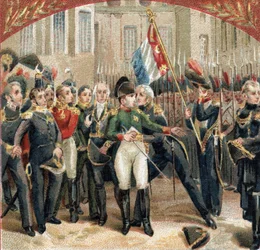 Afskeden med Napoleon Bonaparte (1769-1821) har den kejserlige vagt i gården til Cheval Blanc på slottet Fontainebleau den 20/04/1814. Kromolitografi i slutningen af det 19. århundrede