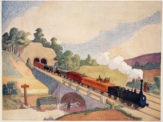 Den første jernbane fra Paris til Rouen, kopi af et frimærke fra 1837, af M. Charles Sanlaville (fl.1920-30), illustration fra Histoire de la Nation Francaise, af Gabriel Hanotaux (1853-1944), 1924