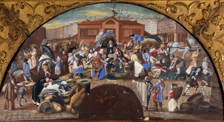 Fiskeauktionen i Halles i Paris Scene walking. Indretning til arrangementet i Den Franske Skole. Paris fra det 17. århundrede, Musee Carnavalet