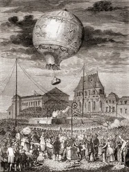Aérostat Réveillons flyvning den 19. september 1783 af Montgolfier-brødrene i Versailles, Frankrig, før kong Louis XVI af Frankrig og dronning Marie Antoinette, fra Les Merveilles de la Science, offentliggjort ca. 1870 (gravering)