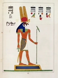 Guden Mandou, illustration fra Pantheon egyptien: samling af mytologiske karakterer fra det gamle Egypten af ​​Jean-Francois Champollion, udgivet ca. 1986