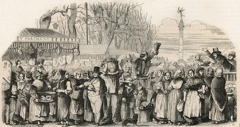 Skinkemessen på Boulevard Bourdon i Paris - Indgravering i "Tableau-de-Paris" af Edmond Texier 1852