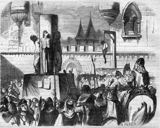 Kætterne hængt og brændt på slagteren af præsterne i Gilbert de la Porree, Bernard de Clairvaux og Abbe Suger, Frankrig