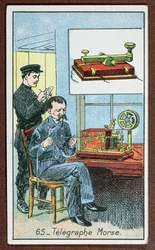 Opfindelsen af telegrafi med morsekode, nummer 65 i en række kort, der skildrer store opfindelser, ca. 1910