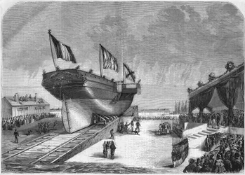 Lanceringen af linjeskibet Quirinal ved La Seyne i 1857 (Compagnie des Messageries Maritimes). Stik fra 1857.