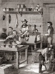 Fremstillingen af våbenbomuld i det 19. århundrede, fra Les Merveilles de la Science, udgivet ca. 1870 (gravering)