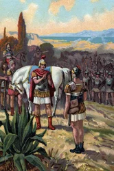 Mødet mellem Julius Cæsar (100-44 f.Kr.) og King Pharnace II-broen (97-47 f.Kr.) ved slaget ved Zela i 47 f.Kr. og Pharnacias II af Kongeriget Pontus
