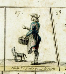 Købmanden med rugboller Detalje af et gåsespil med skrig og gamle metierer fra Paris. 18. århundrede Privat samling