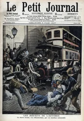 Bussens fejl: en fiakre knust af en bus i Paris-gaden i Amsterdam "Le Petit journal", juni 1907 (gravering)