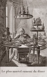 Middagens mest dødbringende fjende - indgravering i "" Almanach af gourmeter, tjener som en guide på måder at gøre fremragende kære. Af en gammel amatør"" af Alexandre Balthazar Laurent Grimod de la Reyniere - 1804-1812