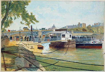 Pontonen af bådene i Suresnes ved broen af Saints Peres. 1800-tals gravering. Paris, dekorativ kunst