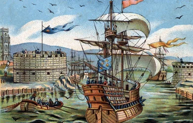 Havnen i Le Havre i 1520. Kromolitografi omkring 1890.