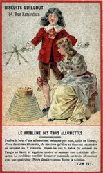 Problemet med tre kampe: børnekort, der tilbyder et spil i form af et puslespil (gætte). Kromolitografi af det 19. århundrede.