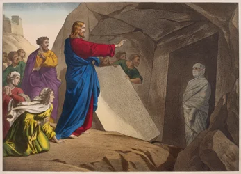 The raising of Lazarus, illustration fra en katekismus LHistoire Sainte, udgivet af Charles Delagrave, Paris, slutningen af det 19. århundrede