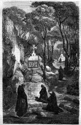 De religiøse fra Saint Benoit (Saint Benoit) i bøn. Indgravering i "Historien om paver-konger-dronninger og kejsere gennem århundrederne"" af Maurice Lachatre