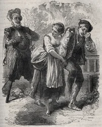 Martin Guerres tilbagevenden (ca. 1524 omkring 1560): han dukkede op foran sin kone, Bertrande de Rols, og den, der havde tilranet sig hans identitet, bedrageren Arnaud du Tilh (Thil). Indgravering fra 1871 i "Histoire Des Cocus Celebres" af Henry de Kock 