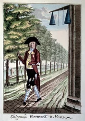 En emigrant vender tilbage ved slutningen af den franske revolution. En adelsmand i laset tøj, som flygtede fra byen under revolutionen. Kobberstik fra det 19. århundredes Paris, Musee Carnavalet.