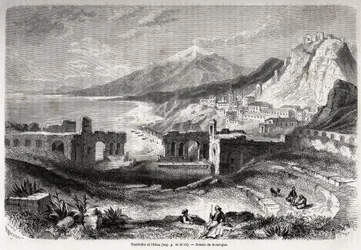 Ruinerne af det antikke teater i Taormina (Tauromenium), ved foden af Taurus-bjerget, med udsigt over den moderne landsby Giardini og Etna, tegning af Adolphe Rouargue (1810-187?) og Emile Rouargue (ca1795-1865) for at illustrere Felix Bourquelots dag