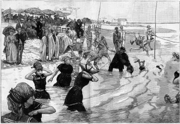 Havbadene på tidspunktet for hoppen på en strand i Normandiet, Frankrig, i "" Le Monde Illustré""