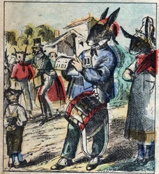 Den syge løve og ræven. Fabler af Jean de La Fontaine (1621-95). Epinal billeddannelse fra slutningen af det 19. århundrede.