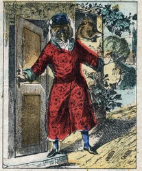 Den syge løve og ræven. Fabler af Jean de La Fontaine (1621-95). Epinal billeddannelse fra slutningen af det 19. århundrede.