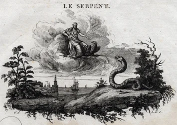 Slangen. Fabel om Esope. (Græsk forfatter Esopo eller Ecopus, 6. århundrede f.Kr.) Skrevet af Guillaume Montfort og Gravees af Beauble i 1801.