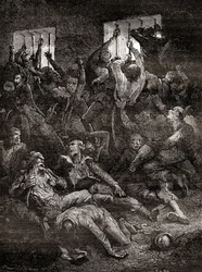 Engelske fangers lidelse og død som følge af dårlig ventilation i Calcuttas sorte hul, et lille fangehul i det gamle Fort William i Calcutta, Indien, hvor tropper fra Bengals nawab, Siraj ud-Daulah, holdt britiske krigsfanger efter c