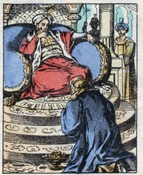 Sultanen er forbløffet over de diamanter Aladin tilbyder ham for at bede om sin datters hånd. Indgravering af fortællingen om tusind og en nat "" Aladin og den vidunderlige lampe"". Epinal billeddannelse, slutningen af det 19. århundrede. Privat samling.