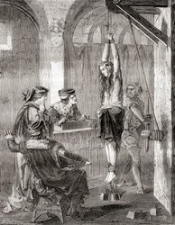 Torturen af en kvinde anklaget for hekseri i middelalderen, fra Les Merveilles de la Science, udgivet ca. 1870