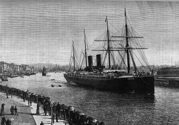 Det transatlantiske linjeskib "" La Gascogne"" i havnen i Le Havre i 1887. Indgravering i den berømte journal "" La jeunesse""