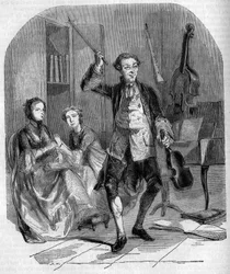 Violinisten og komponisten Jean Philippe (Jean-Philippe) Rameau (1683-1764) komponerede, omgivet af medlemmer af sin familie. Stik af Andrieux