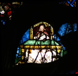 Vinduet med vestrosen viser en scene fra Åbenbaringens Bog: martyrernes sjæle under Kristi alter (6:9 10).