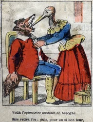 Ulven og storken. Fabler af Jean de La Fontaine (1621-95). Epinal billeddannelse fra slutningen af det 19. århundrede.