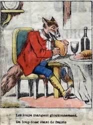 Ulven og storken. Fabler af Jean de La Fontaine (1621-95). Epinal billeddannelse fra slutningen af det 19. århundrede.