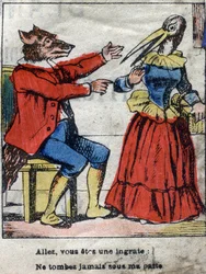 Ulven og storken. Fabler af Jean de La Fontaine (1621-95). Epinal billeddannelse fra slutningen af det 19. århundrede.