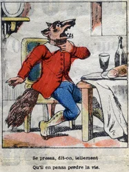 Ulven og storken. Fabler af Jean de La Fontaine (1621-95). Epinal billeddannelse fra slutningen af det 19. århundrede.
