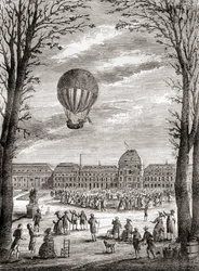 Verdens første bemandede brintballonflyvning over Champs de Mars, Paris, Frankrig den 1. december 1783, styret af Nicolas-Louis Robert og professor Jacques Charles, fra Les Merveilles de la Science, udgivet ca. 1870 (stik)