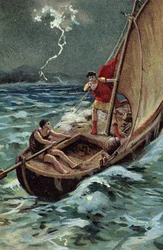 Den unge Jules Cesar (100-44 f.Kr.), der krydser Adriaterhavet for at slutte sig til Dalmatien, rykker modigt frem på trods af stormen, sikker på sin gode stjerne og skæbne (Unge Julius Cæsar (100-44 f.Kr.) krydser modigt Adriaterhavet på sit skib, i på tr