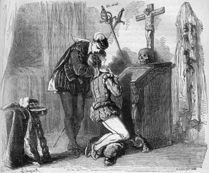 Den unge Kong Henrik III (1574-1589) og en af hans Mignon. Indstik i "Prostitutionens og udskejelsens historie blandt alle verdens folkeslag fra oldtiden til i dag" af Dr. Th. -F. Debray. 1879.