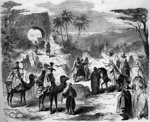 Teaterrepræsentation: karavanen, scene for første akt af "massakrerne i Syrien"" af Victor Sejour (1816? -1874). Paris, Theatre Imperial du Cirque