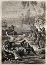 Disse blev leveret så tæt på...: Kaptajn James Cooks rejse (1728-1779) til New Zealand i 1769 - New Zealands naturfolk angriber Cooks besætning, da de nærmer sig kysten - illustration taget fra "The Great Mariners of the 18th century ”