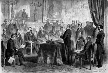 Tredje republik: møde i statsrådet i Tuilerierne i nærværelse af Napoleon III (1808-1873) og baron Eugene Georges Haussmann, præfekt i Paris (1809-1891). Indgravering i "" Le Monde Illustré"" nr. 291 af 8. november 1862.